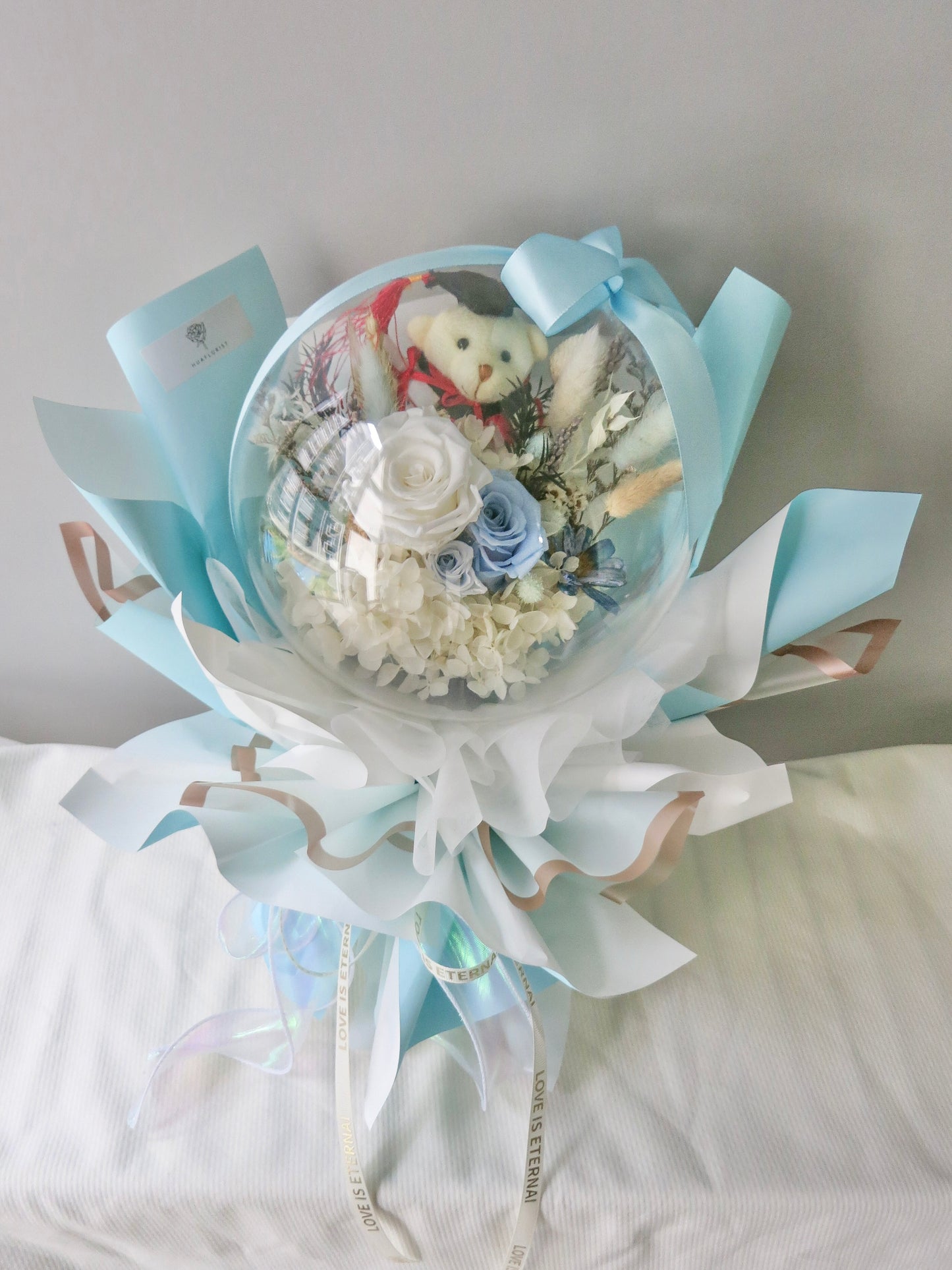 Preserved Graduation Blue Bouquet in Acrylic Ball