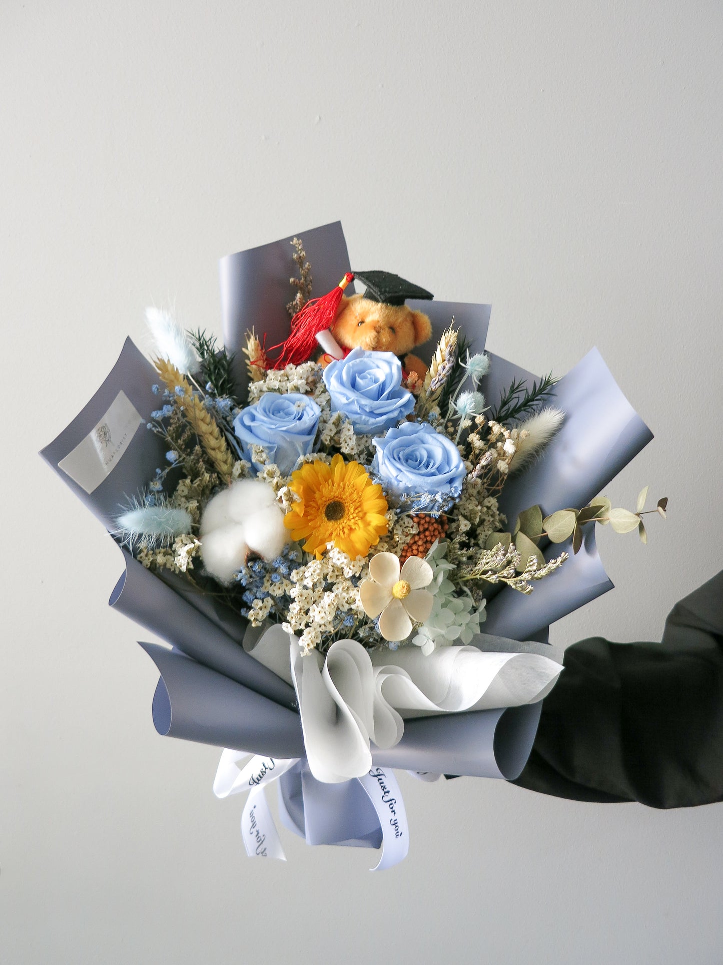 Preserved Blue Roses Graduation Bouquet